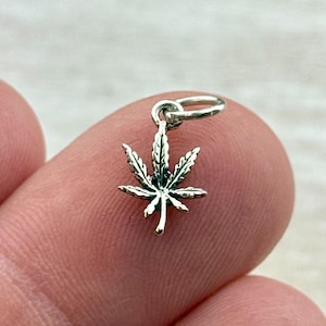 Może przedstawiać: Mały, srebrny wisiorek w kształcie liścia konopi. Wisiorek ma szczegółowe żyłkowanie i małą pętlę do przymocowania do naszyjnika lub bransoletki. Tło jest rozmyte.