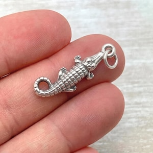 Pode incluir: Um pingente de metal prateado em forma de jacaré com um corpo texturizado e escamoso, apresentando um pequeno anel circular preso à cabeça. O jacaré é retratado em uma posição curva com a cauda dobrada para dentro em direção ao corpo.
