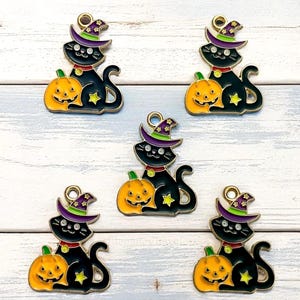 5 Cat and Pumpkin Enamel Halloween Charm, DIY, Pendant, Crafting Supplies, (MC018)