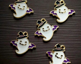 5 Amuletos de Halloween em esmalte branco e dourado com fantasma de vampiro, metal, faça você mesmo, pingente (MC014)