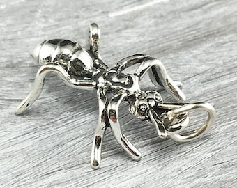 Puede incluir: Un colgante de plata con forma de hormiga, con patas detalladas, segmentos corporales y un pequeño lazo para una cadena. La hormiga está colocada sobre una superficie de madera gris. La joya es un dije o colgante.