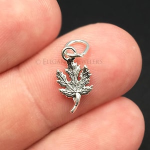 May include: A silver charm in the shape of a maple leaf. The charm has a loop at the top for attaching to a bracelet or necklace.