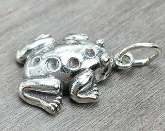 May include: A silver charm in the shape of a frog with a textured surface and a loop for attaching to a bracelet or necklace.