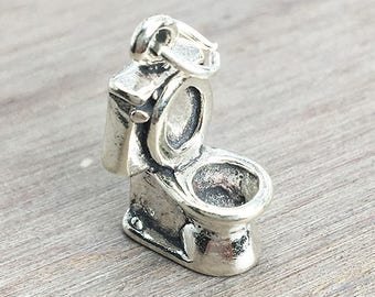 3D Sterling Silver Toilet Charm, Plumber, Bathroom, .925 Silver, DIY, Bracelet Charms, (C536)