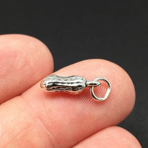 May include: A silver peanut charm with a textured surface and a jump ring for attaching to a necklace or bracelet.