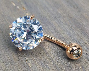 Rose Gold Plated 316L Surgical Steel CZ Belly Ring, Navel Ring, 14GA, Clear Cubic Zirconia, Stone, Body Jewelry, Summer, (E007)