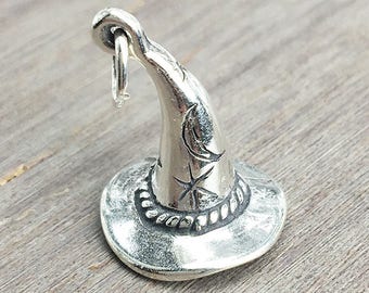3D Sterling Silver Wizard Hat Charm, Halloween, .925 Silver, DIY, Bracelet Charms, (C532)