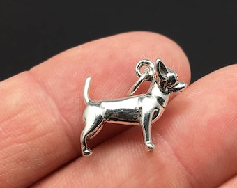 May include: A silver charm in the shape of a Chihuahua dog. The charm is detailed and has a smooth finish.