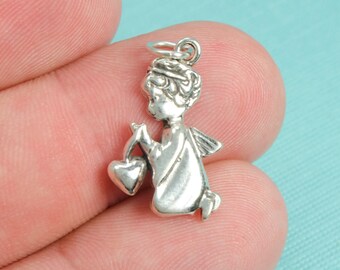 925 Sterling Silver Praying Angel With Heart Bracelet Charm, Christian, DIY, Pendant, (C033)