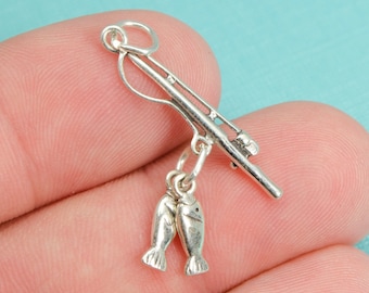 Dije de pulsera de caña de pescar y pez en plata de ley 925, DIY, colgante (C130)