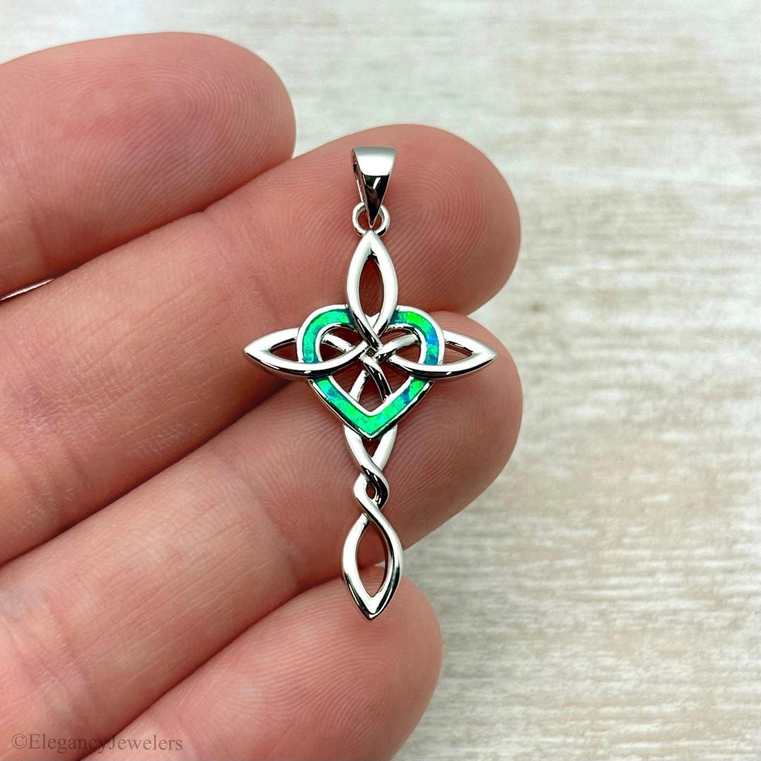 925 Sterling Silver Celtic Cross With Lab Opal Heart Pendant, Charm ...