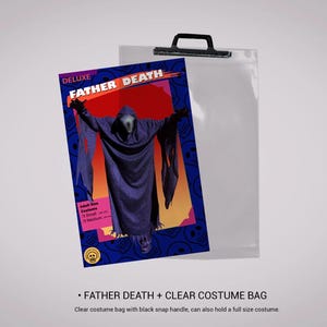 Puede incluir: Un disfraz de "Father Death" en una bolsa de plástico transparente. El disfraz es una túnica con capucha morada oscura con mangas largas. La bolsa tiene un asa negra y el texto "Father Death" es visible en el embalaje.