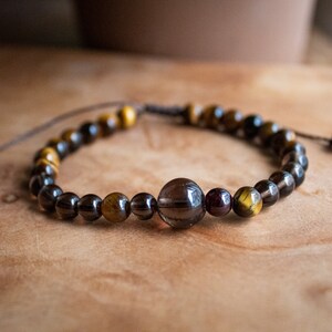 Smokey Quartz & Tiger's Eye Armband, Adjustable Beaded Bracelet, Quartz Jewelry, Stackable Bracelet