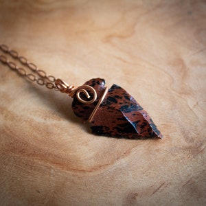 Mahogany Obsidian Wire Wrapped Necklace, Arrowhead Pendant, Spiral Wire Jewelry