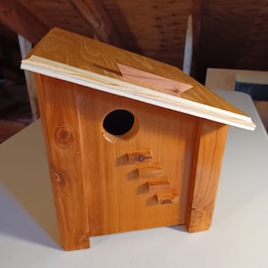 May include: A wooden birdhouse with a slanted roof, a round entrance hole, and a small landing platform. The birdhouse is painted a light brown color.