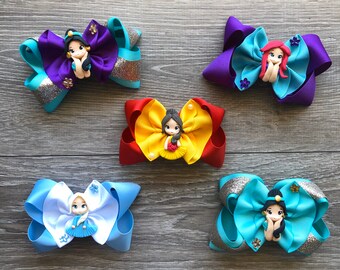 clay bow clay center Ariel hairbow Belle hairbow Elsa hairbow Princess Bow Jasmine hairbow