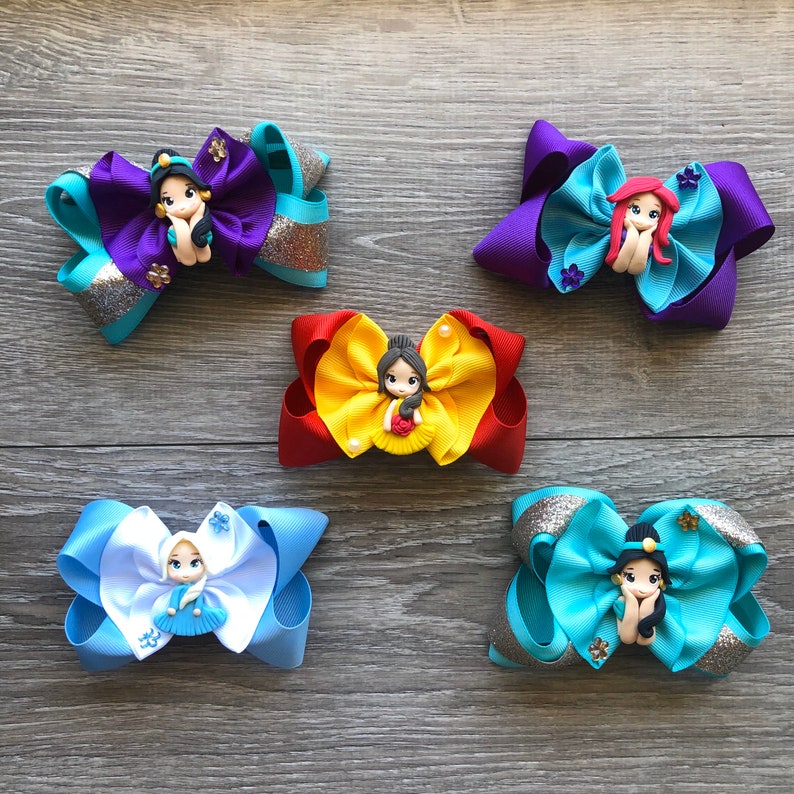 clay bow clay center Ariel hairbow Belle hairbow Elsa hairbow Princess Bow Jasmine hairbow