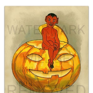 HALLOWEEN: 1900 (Diabo Sentado em Jack-O-Lantern) Pôster Vintage -Sem Moldura- Impressão Art Premium