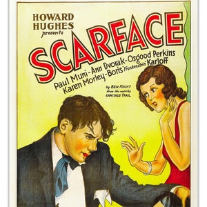 Puede incluir: Un cartel de película vintage para la película "Scarface" protagonizada por Paul Muni, Ann Dvorak, Osgood Perkins, Karen Morley y Boris Karloff. El cartel presenta un fondo amarillo con texto rojo y negro. El cartel está en buen estado con algo de desgaste.
