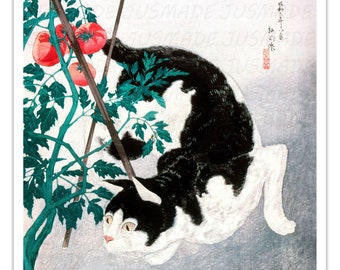 CAT With TOMATO PLANT 1931 Vintage Japanese Illustration -Unframed- Art Print