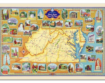 Vintage Mid-Atlantic States Map Poster – Delaware, Maryland, Virginia, WV, Travel Art Print