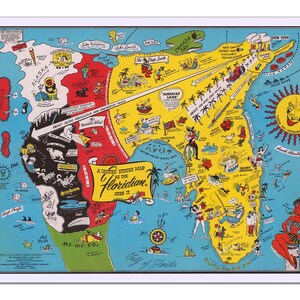 Mapa pictórico novedoso de Florida, ilustración vintage de 1948 (sin marco), reimpresión