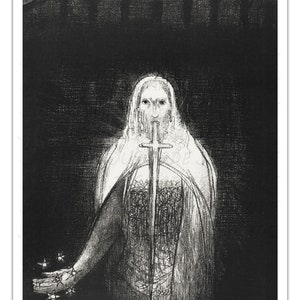 May include: A black and white etching of a woman in a long robe holding a sword to her mouth. Her other hand is outstretched with a chain of stars around her wrist.