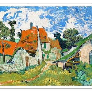 Pode incluir: Uma pintura que retrata uma cena de aldeia com casas com telhados de telhas vermelhas e um céu azul com nuvens brancas. As casas são cercadas por árvores e grama verdes. A pintura é feita em um estilo que lembra Vincent van Gogh.
