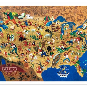 May include: A colorful illustrated map of the United States titled William Gropper's America Its Folklore, featuring various figures, animals, and scenes across the states on a tan background with a deep blue border representing the surrounding oceans.