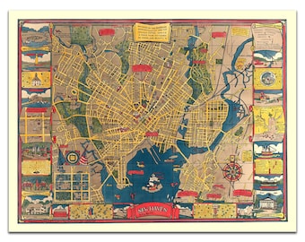 Vintage New Haven Pictorial Map 1930s Historic City Art Reprint Poster