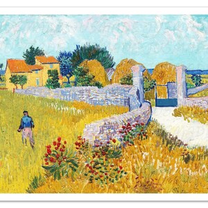 May include: A painting of a rural landscape with a yellow farmhouse, a stone wall, and a figure walking in a field of wheat. The sky is blue with white clouds. Haystacks are visible in the background.