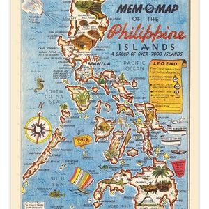 THE PHILIPPINES Mem-O-Map Vintage Pictorial Map 1945 -Unframed- Print