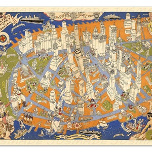DOWNTOWN DISTRICT of MANHATTAN 1938 Lustige historische Vintage Karte Poster - Ungerahmt - Druck