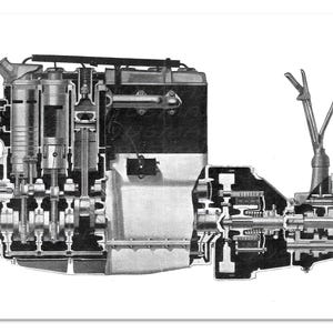 May include: A black and white cutaway illustration of a vintage engine with a crankshaft, pistons, and connecting rods. The engine has a gear shift lever and a carburetor.