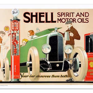 May include: Vintage Shell Oil advertisement featuring a green car at a gas station. The poster has the Shell logo and text that reads "Shell Spirit and Motor Oils." A worker is pumping gas, and a man is pouring oil.