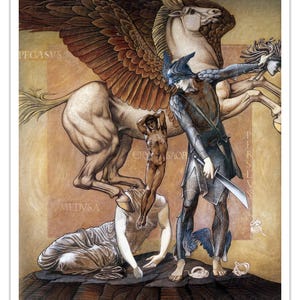 Perseus, Medusa & Pegasus Poster | Grunge Fantasy Mythology -Unframed- Art Print