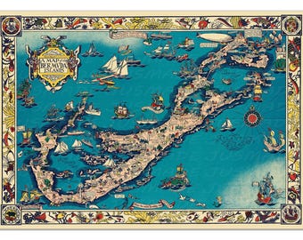 Vintage Nautical Map of Bermuda Islands – Illustrated 1930s Nautical Travel Art Print