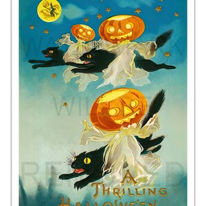 UM EMOCIONANTE HALLOWEEN (gatos pretos voando com Jack -O-Lanterns) pôster vintage dos anos 1900 - sem moldura - impressão premium