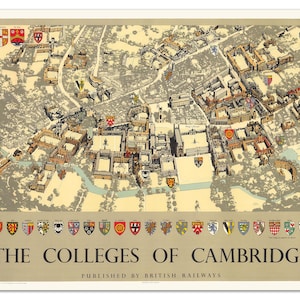 May include: Vintage map print titled "The Colleges of Cambridge" published by British Railways. The map depicts a detailed aerial view of the city with college crests along the bottom. The color palette includes beige, gray, and various colors for the crests.