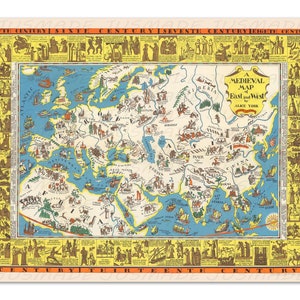 MIDDELEEUWSE kaart van OOST & WEST-picturale kaart 1925 vintage illustratie -ingelijst- afdrukken
