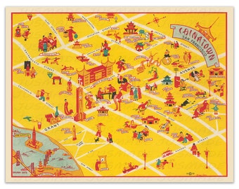 Carte illustrée vintage de CHINATOWN SAN FRANCISCO, 1939 - Sans cadre - Impression