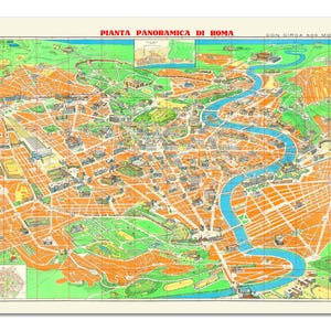 Puede incluir: Un mapa panorámico a color titulado PIANTA PANORAMICA DI ROMA CON CIRCA 500 MONUMENTI, que muestra la ciudad de Roma con manzanas de color naranja, áreas verdes y un río azul serpenteante que fluye por el centro del diseño ilustrado.