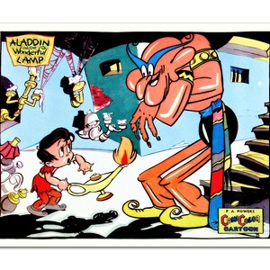 Peut inclure: Un celluloïd de dessin animé vintage montrant Aladdin tenant une lampe à huile allumée face à un grand génie orange avec un bandeau bleu et des chaussures jaunes. Le texte indique Aladdin and the Wonderful Lamp et P.A. Powers ComiColor Cartoon.