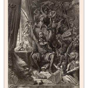 Gustave Dore DON CHISCIOTTE nella sua BIBLIOTECA (1891) Illustrazione d'epoca Arte biblica - Senza cornice - Stampa premium