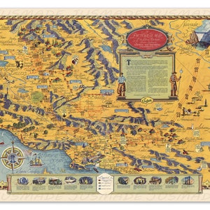 Puede incluir: Un mapa pictórico vintage del centro y sur de California, con ilustraciones detalladas de puntos de referencia, ciudades y características geográficas. El mapa tiene un borde color crema y está lleno de tonos cálidos y terrosos, con texto e ilustraciones.