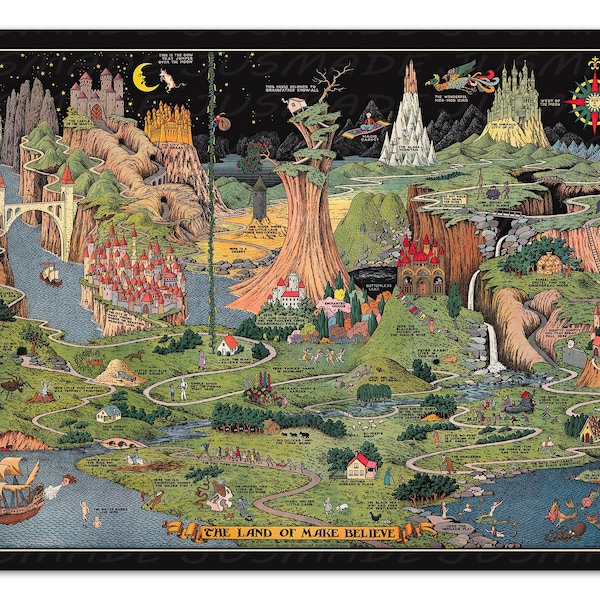 The LAND of MAKE BELIEVE Vintage Map 1930 (Poster) Fairy Tale, Fantasy -Unframed- Premium Art Print