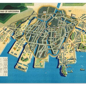 PICTORIAL MAP Of HIROSHIMA Japanese Vintage Pictorial Map 1947 -Unframed- Print