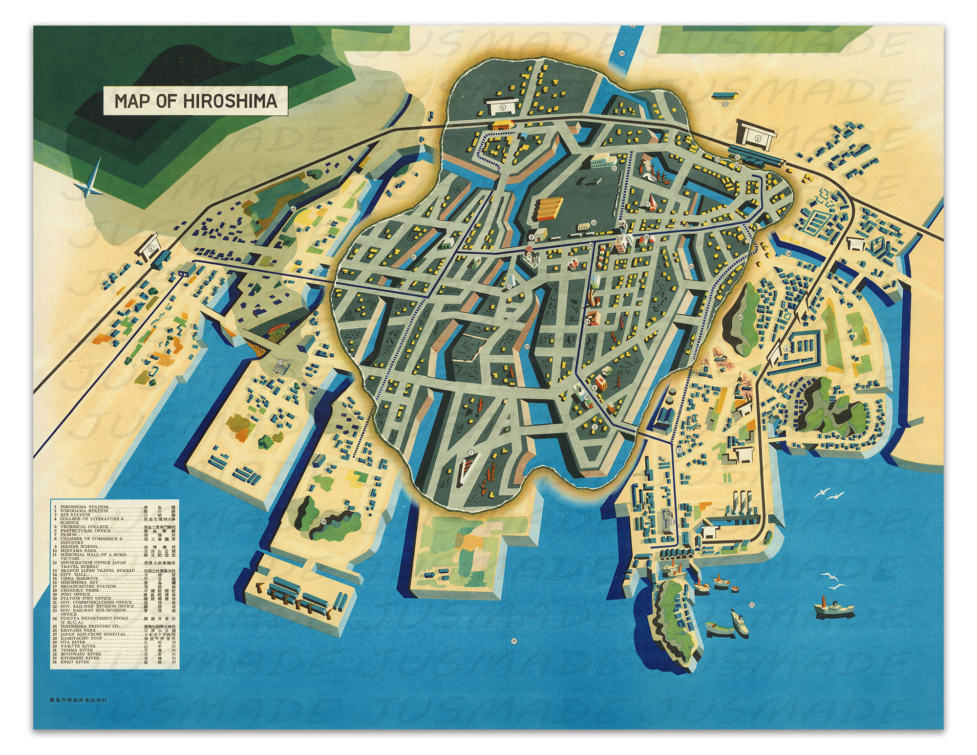 PICTORIAL MAP of HIROSHIMA Japanese Vintage Pictorial Map 1947