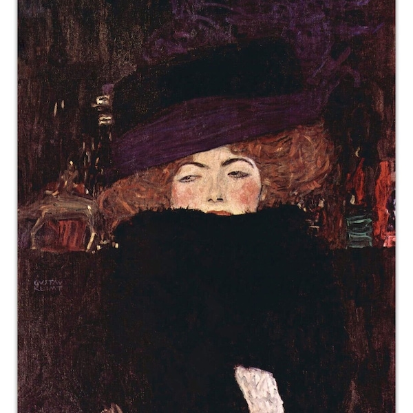 Gustav Klimt LADY With Hat And FEATHER BOA (1909) Vintage Painting Poster -Unframed- Premium Art Print