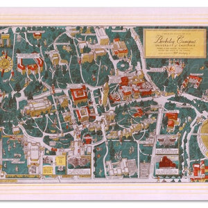 May include: A vintage map of the Berkeley Campus of the University of California, showing a view of the campus, buildings, and streets. The map is in a green, red, and yellow color scheme. The text "Berkeley Campus University of California" is printed in the upper right corner of the map.